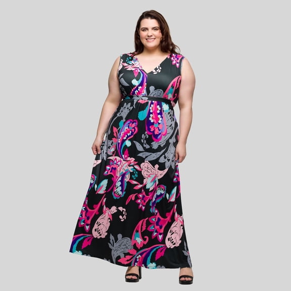 Plus Size 24Seven Comfort Apparel V-Neck Empire Waist Sleeveless Maxi Dress Color: Pink Multi Size: 1X