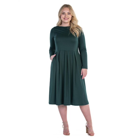 Plus Size 24seven Comfort Apparel Long Sleeve Fit & Flare Midi Dress Color: Hunter Size: 3X