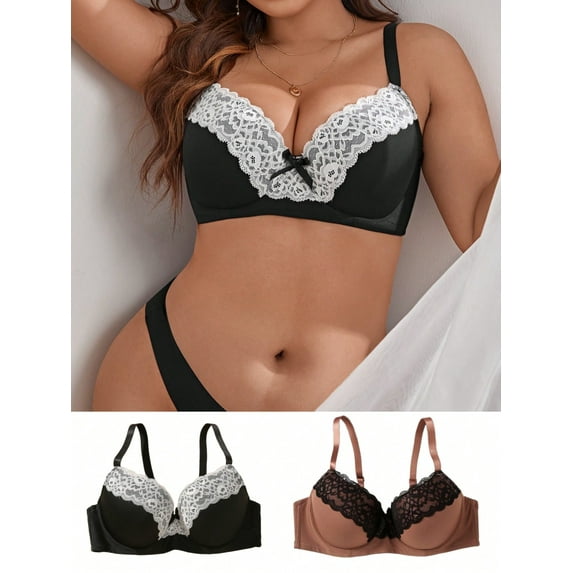 Plus Size 2pcs Color Block Lace Decorated Underwire Bra