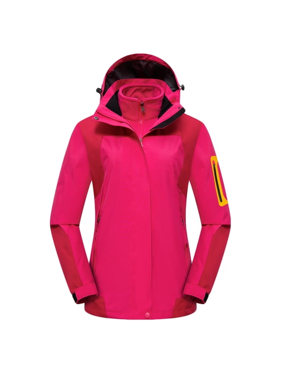 Plus Size 3 in 1 Women’s Ski Coat Detachable Sherpa Fleece Inner Hooded Wind Rain Jacket Loose Comfort for Mountain Climbing Cold Weather Hot Pink 3XL