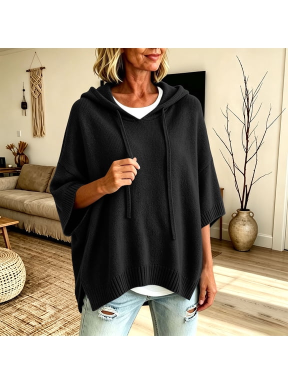 Plus Size 3/4 Batwing Sleeve Women Hooded Sweater Drawstring Hoodie Loose Side Slit Ribbed Hem Casual Oversized Pullover Top For Daily Streetwear 5Xl