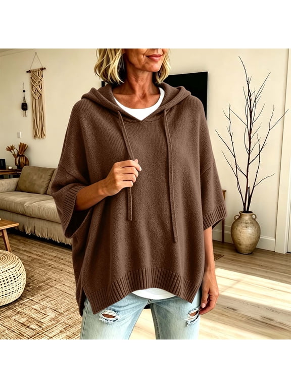 Plus Size 3/4 Batwing Sleeve Women Hooded Sweater Drawstring Hoodie Loose Side Slit Ribbed Hem Casual Oversized Pullover Top For Daily Streetwear 5Xl
