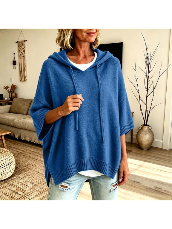 Plus Size 3/4 Batwing Sleeve Women Hooded Sweater Drawstring Hoodie Loose Side Slit Ribbed Hem Casual Oversized Pullover Top For Daily Streetwear 5Xl