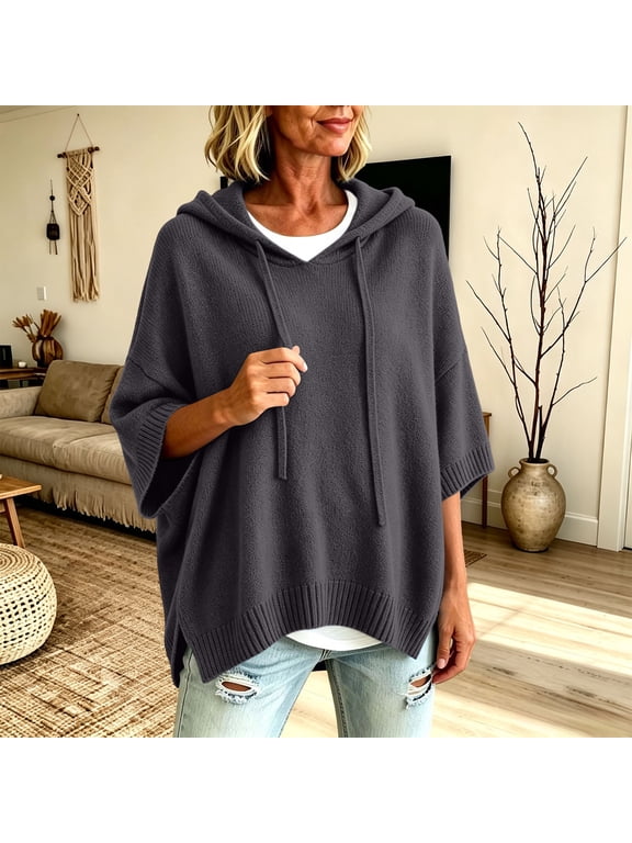 Plus Size 3/4 Batwing Sleeve Women Hooded Sweater Drawstring Hoodie Loose Side Slit Ribbed Hem Casual Oversized Pullover Top For Daily Streetwear 5Xl