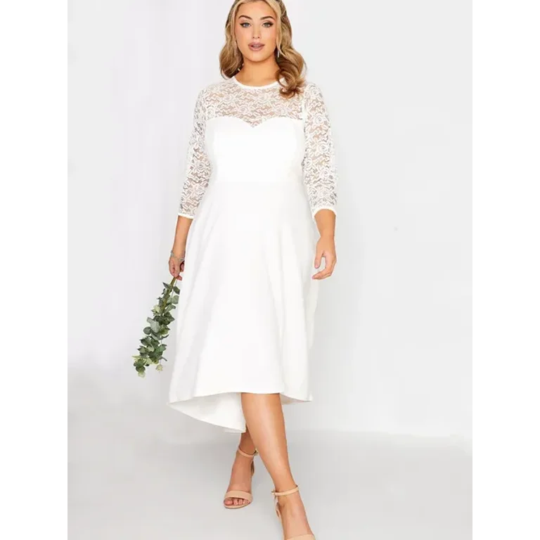 Plus Size 3 4 Lace Sleeve Spring Autumn Elegant Party Dress Women White Flt Flare Midi Dress Large Size Night Out Wedding Dress Walmart