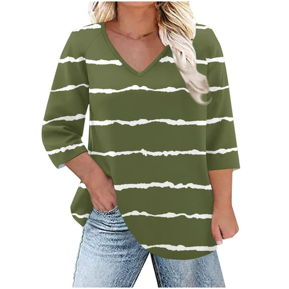 Plus Size 3/4 Length Sleeve Shirts for Women Dressy Casual V-Neck Stripe Printed Tunic Tops Business Work Blouses Tees