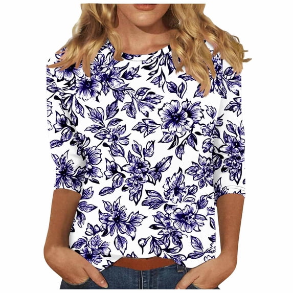 Plus Size 3/4 Length Sleeve Tops for Womens 2025 Summer Flower Print Blosues Round Neck Tees Shirts Loose Fitted Tees Shirts Going Out Beach Vacation Clothes