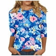 thumbnail image 1 of Plus Size 3/4 Length Sleeve Tops for Womens 2025 Summer Flower Print Blosues Round Neck Tees Shirts Loose Fitted Tees Shirts Going Out Beach Vacation Clothes, 1 of 5