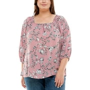 Plus Size 3/4 Sleeve Blouse With Smocked Shoulder Wi Juliet Floral Lilas 3X