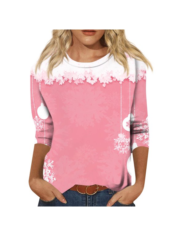 Plus Size 3/4 Sleeve Christmas Shirts for Women Crew Neck Christmas Printed Tee Y2k Csaual Christmas Party Photo Shoot Tshirt Pink L
