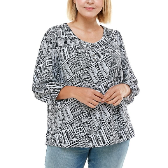 Plus Size 3/4 Sleeve Cleo Neckline Henley Top Black 2X