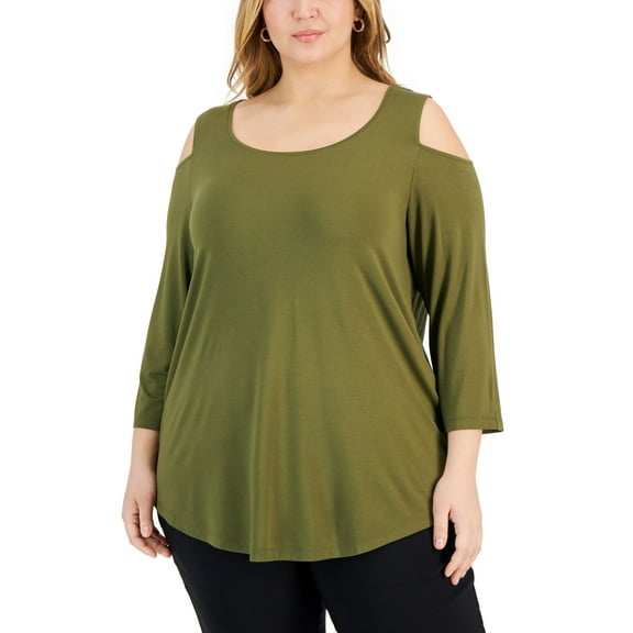 Plus Size 3/4-Sleeve Cold-Shoulder Top New Avocado 1X