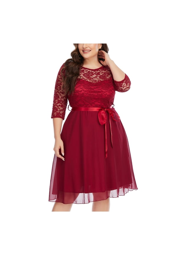 Plus Size 3/4 Sleeve Dress for Women's Lace Patchwork O Neck Dress Swing Dresses Cocktail Wedding Guest Midi Dress with Belt