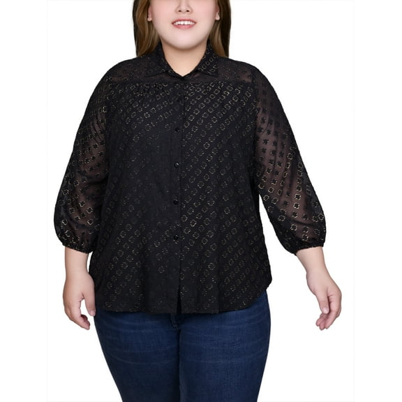 Plus Size 3/4 Sleeve Foiled Jacquard Chiffon Blouse
