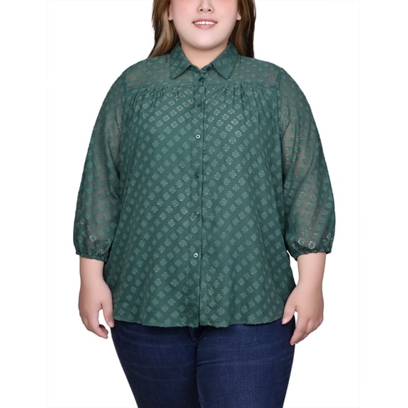 Plus Size 3/4 Sleeve Foiled Jacquard Chiffon Blouse