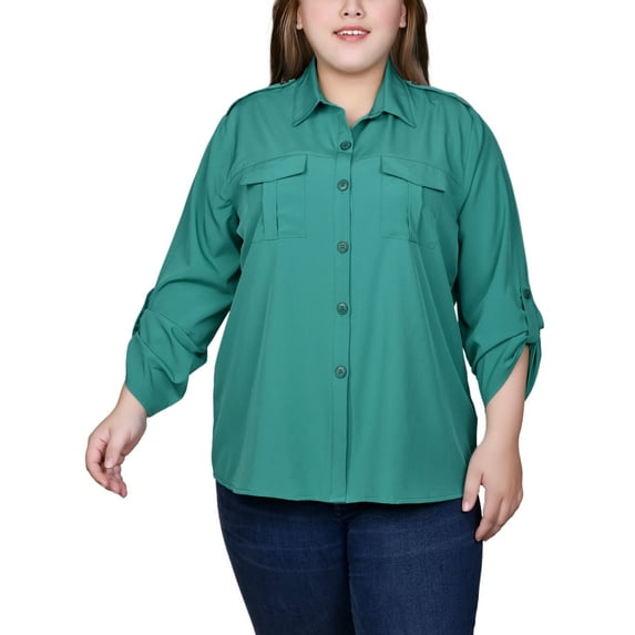 Plus Size 3/4 Sleeve Roll Tab Blouse