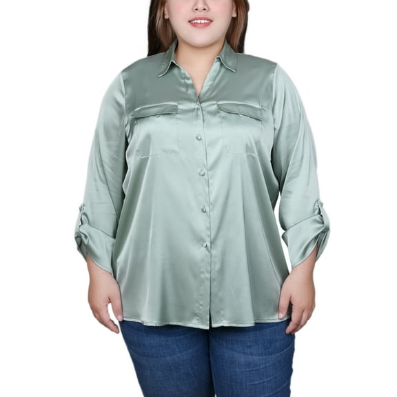 Plus Size 3/4 Sleeve Roll Tab Satin Blouse