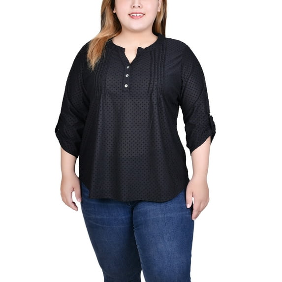 Plus Size 3/4 Sleeve Roll Tab Y Neck Top