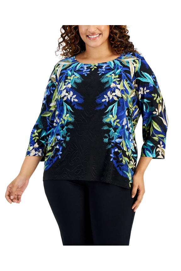 Plus Size 3/4-Sleeve Scoop-Neck Jacquard Top Deep Black Combo 3X
