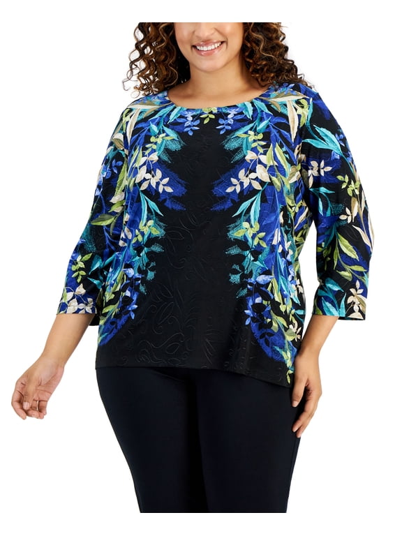 Plus Size 3/4-Sleeve Scoop-Neck Jacquard Top Deep Black Combo 3X