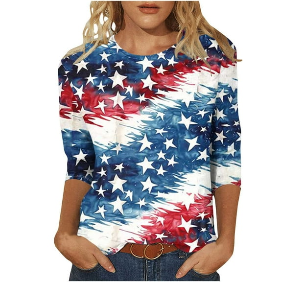 Plus Size 3/4 Sleeve Shirts for Women Independence Day Crewneck Tunic Tops 4th of July American Flag Patriotic Tshirts Trendy Stars Stripes Graphic Tee Shirt Loose Comfy Vacation Outfits 2025