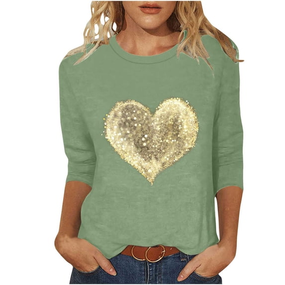 Plus Size 3/4 Sleeve Shirts for Women Valentines Day Tshirts Cute Glitter Heart Tunic Basic Tee Top