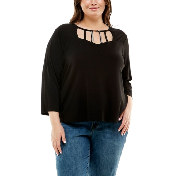 Plus Size 3/4 Sleeve Strapped Top With Bead Bar Rhinestones Black 2X
