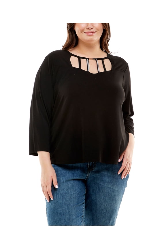Plus Size 3/4 Sleeve Strapped Top With Bead Bar Rhinestones Black 2X