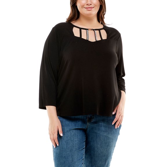 Plus Size 3/4 Sleeve Strapped Top With Bead Bar Rhinestones Black 3X