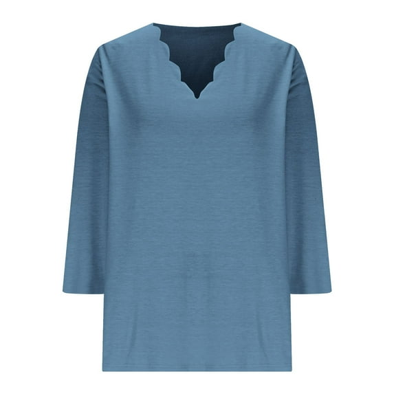 Plus Size 3/4 Sleeve T-shirts Soft Poly-cotton Womens V Neck Tops Scalloped Plain Tshirts Fall Spring Base Tees (3XL, Navy 01)