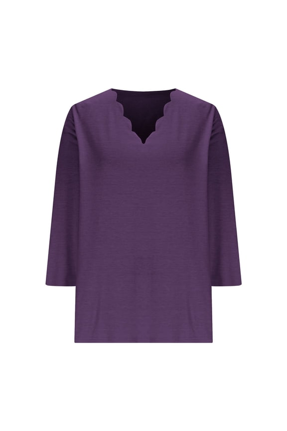 Plus Size 3/4 Sleeve T-shirts Soft Poly-cotton Womens V Neck Tops Scalloped Plain Tshirts Fall Spring Base Tees (3XL, Purple 02)