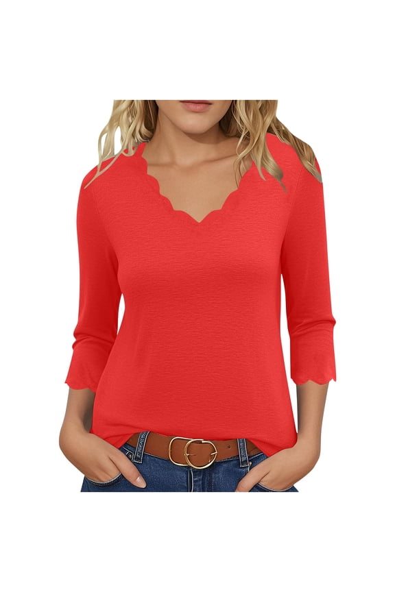 Plus Size 3/4 Sleeve T-shirts Soft Poly-cotton Womens V Neck Tops Scalloped Plain Tshirts Fall Spring Base Tees (3XL, Red 01)