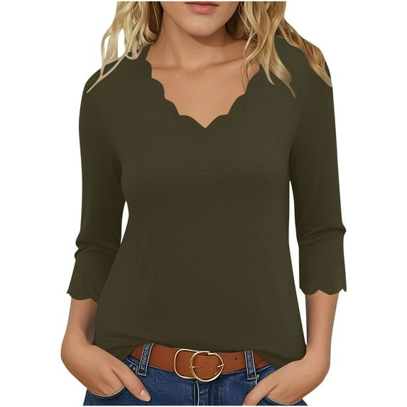Plus Size 3/4 Sleeve T-shirts Soft Poly-cotton Womens V Neck Tops Scalloped Plain Tshirts Fall Spring Base Tees (L, Brown)