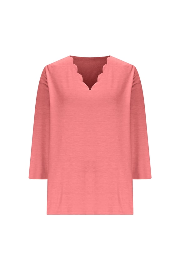 Plus Size 3/4 Sleeve T-shirts Soft Poly-cotton Womens V Neck Tops Scalloped Plain Tshirts Fall Spring Base Tees (L, Watermelon Red)
