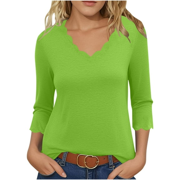 Plus Size 3/4 Sleeve T-shirts Soft Poly-cotton Womens V Neck Tops Scalloped Plain Tshirts Fall Spring Base Tees (S, Green)