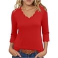 thumbnail image 1 of Plus Size 3/4 Sleeve T-shirts Soft Poly-cotton Womens V Neck Tops Scalloped Plain Tshirts Fall Spring Base Tees (XL, Red), 1 of 6
