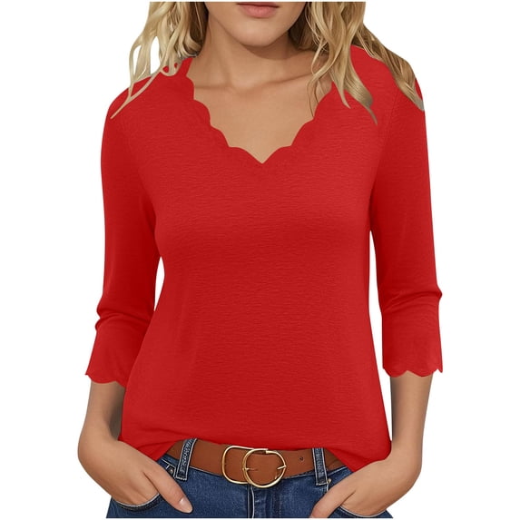 Plus Size 3/4 Sleeve T-shirts Soft Poly-cotton Womens V Neck Tops Scalloped Plain Tshirts Fall Spring Base Tees (XL, Red)