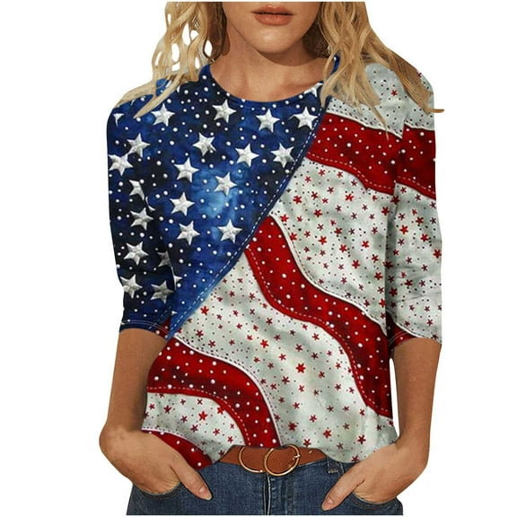 Plus Size 3/4 Sleeve Tops for Women 4th of July T-Shirts Fashion American Flag Patriotic Blouses Dressy Stars Stripes Graphic Tee Shirts Lady Casual Loose Fit Crewneck Tunic Independence Day Outfits
