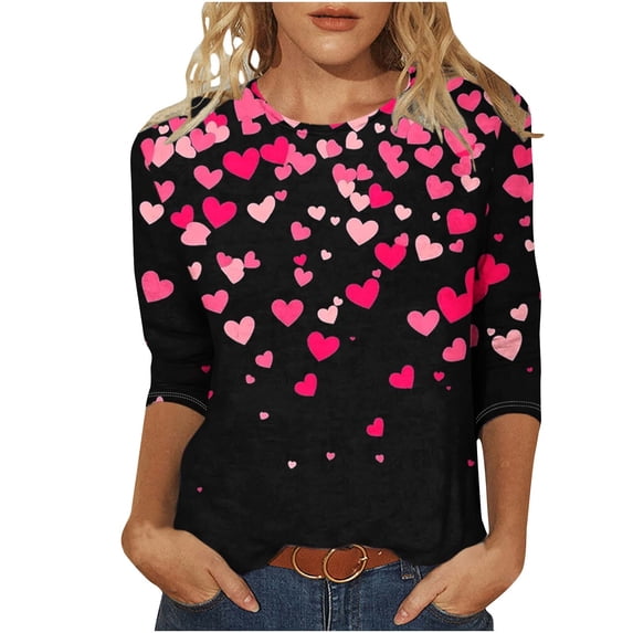 Plus Size 3/4 Sleeve Tops Women Love Hearts Printed Graphic Tee Shirt Loose Fit Casual Crewneck Spring Clothes (XL, Black #D)
