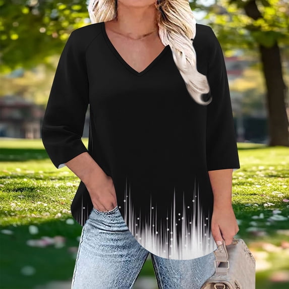 Plus Size 3/4 Sleeve Tops for Women 3/4 Sleeves Floral Print Blouse V-neck Plus T-shirt Loose Top Womens Tops Black XXL