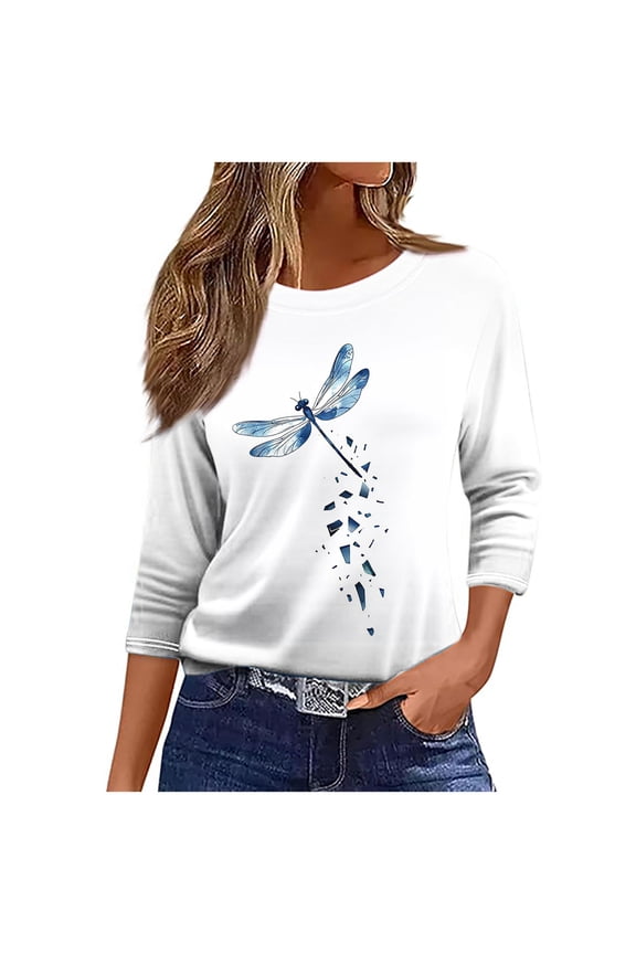 Plus Size 3/4 Sleeve Tops for Women Dragonfly Printed Crew Neck Fall Spring Summer Base Tee Shirt Tshirts S-5X (L, White 01)