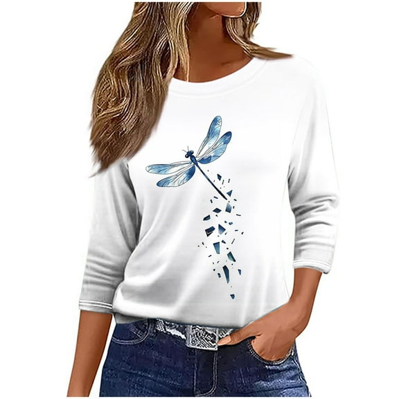 Plus Size 3/4 Sleeve Tops for Women Dragonfly Printed Crew Neck Fall Spring Summer Base Tee Shirt Tshirts S-5X (S, White 01)
