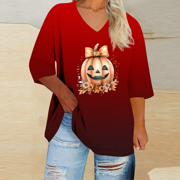 Plus Size 3/4 Sleeve Tops for Women Halloween Printed V-neck 3/4 Sleeve T-shirt Plus Loose Top Womens Tops Red XXL