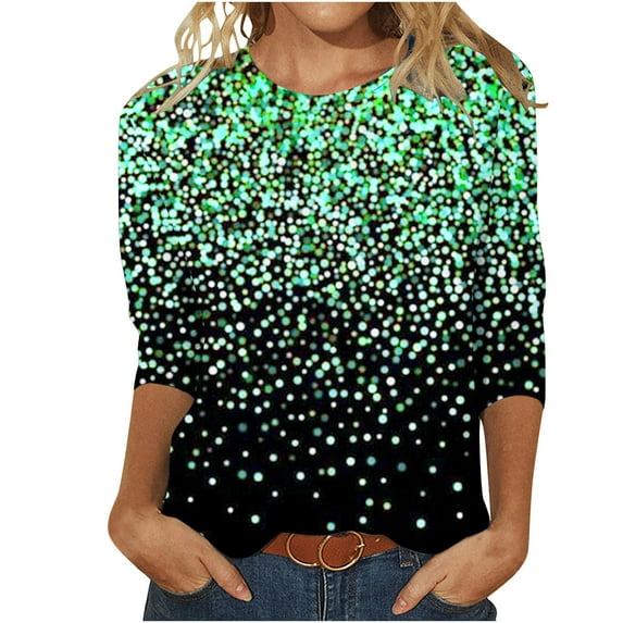 Plus Size 3/4 Sleeve Tops for Women Night Out Funny Tees Shiny Polka Dot Blouses Casual Crewneck Pullover Streetwear