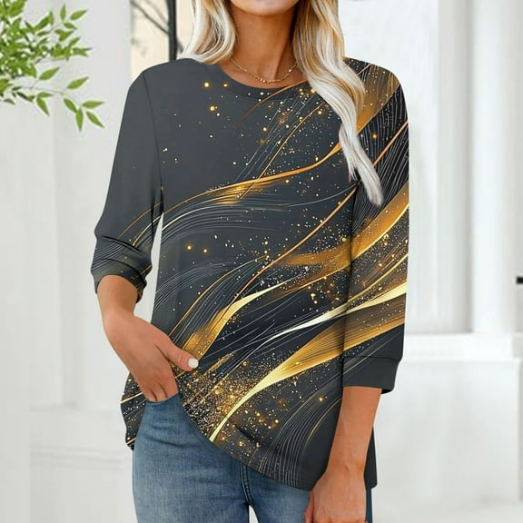 Plus Size 3/4 Sleeve Tops for Women Printed T-shirt 3/4 Sleeves Blouse Round Neck Casual Top Womens Tops Gray XXL