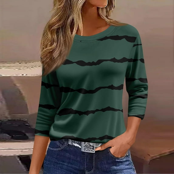 Plus Size 3/4 Sleeve Tops for Women Spring Fall Casual Crew Neck Graphic Tees Fashion Printed Basic T-shirts (3XL, Dark Green)