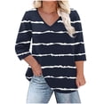 thumbnail image 1 of Plus Size 3/4 Sleeve Tops for Women Trendy Casual V Neck Striped Print Graphic Tee Loose Fit Summer Fall Tshirts (3XL, Navy), 1 of 6