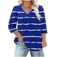 thumbnail image 1 of Plus Size 3/4 Sleeve Tops for Women Trendy Casual V Neck Striped Print Graphic Tee Loose Fit Summer Fall Tshirts (4XL, Blue), 1 of 6