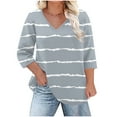 thumbnail image 1 of Plus Size 3/4 Sleeve Tops for Women Trendy Casual V Neck Striped Print Graphic Tee Loose Fit Summer Fall Tshirts (5XL, Gray), 1 of 6