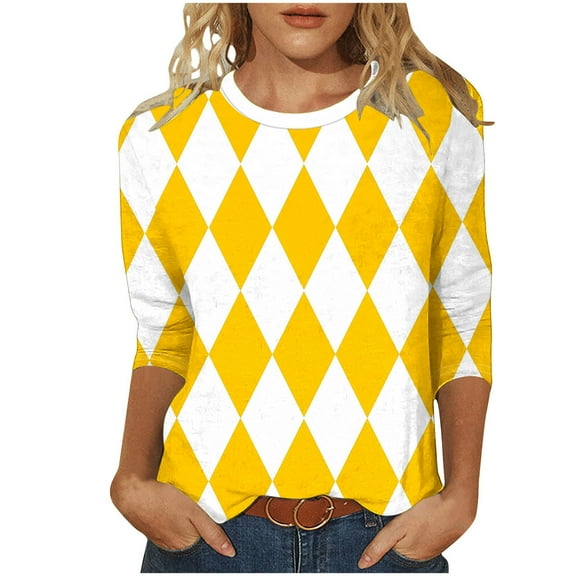 Plus Size 3/4 Sleeve Tops for Women Trendy Geometric Print Colorblock Crew Neck Base Tee Casual Tshirts (L, White)